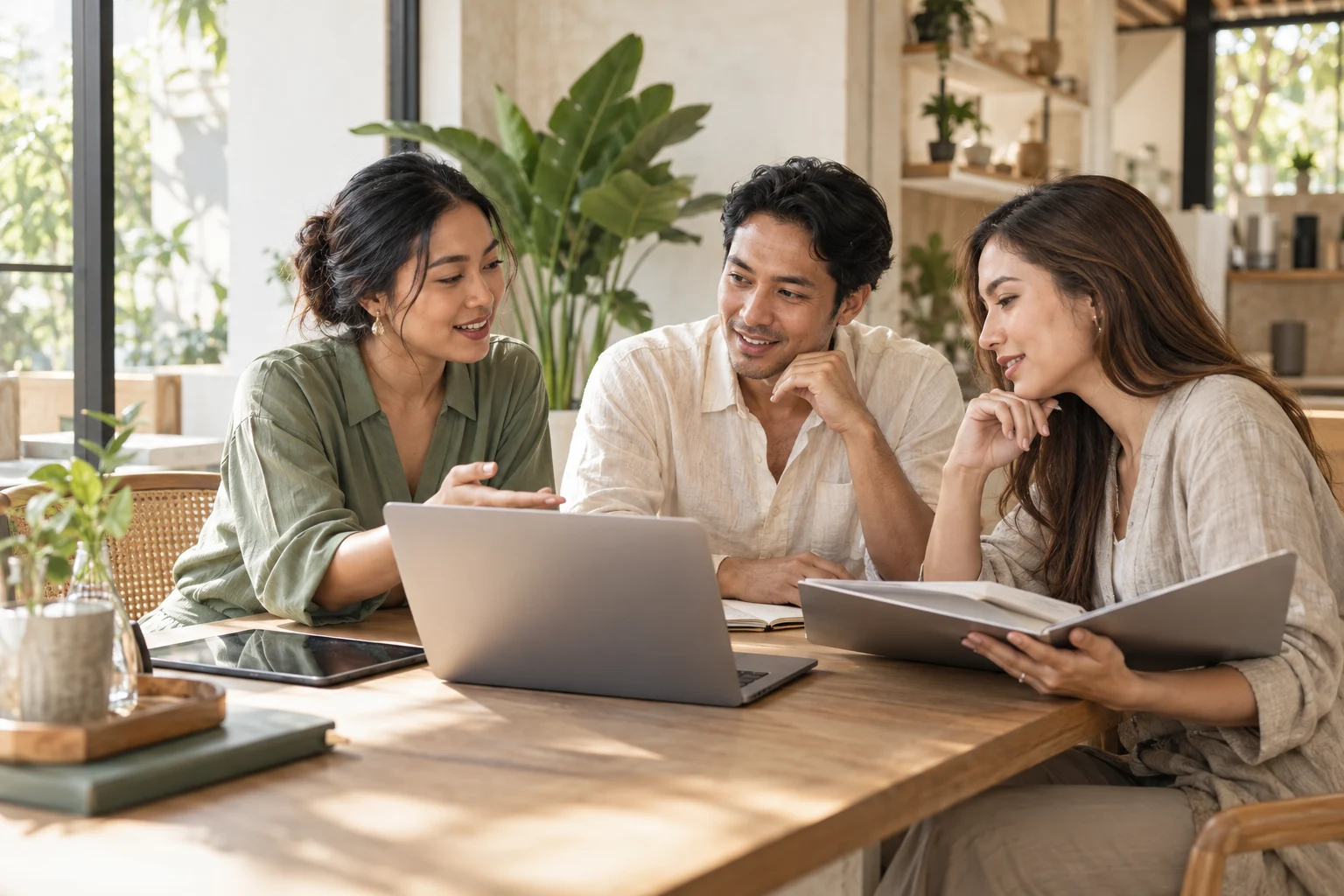 Illustrative scene of a team discussing a customer proposal in a bright studio